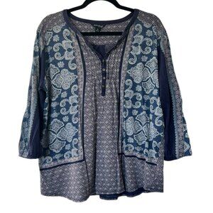 Women's Lucky Brand Blue‎ Patterned Boho 3/4 Length Sleeve Top Size Large